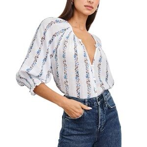 Rails Mariah Button-up Split Neck Cotton Blouse with smocked cuffs XL Bluebell